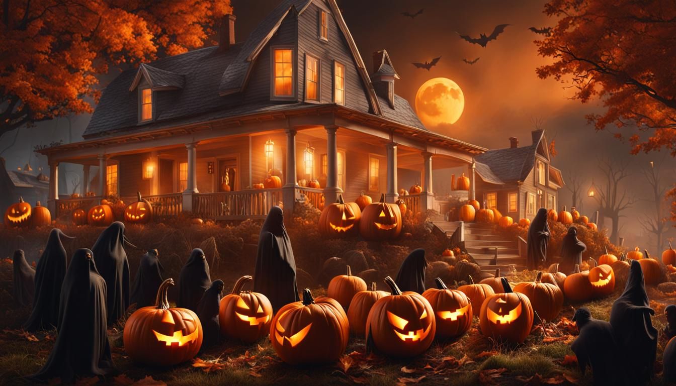 Haunted Halloween Village Diorama with Pumpkin People