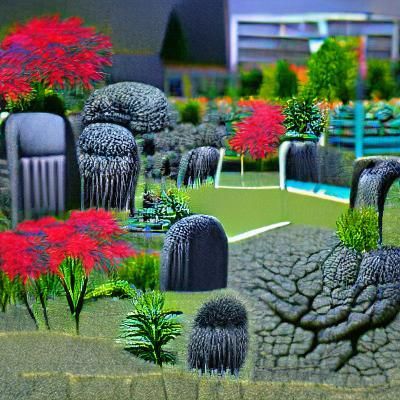 Brutalist Garden Scene with Stark Architecture