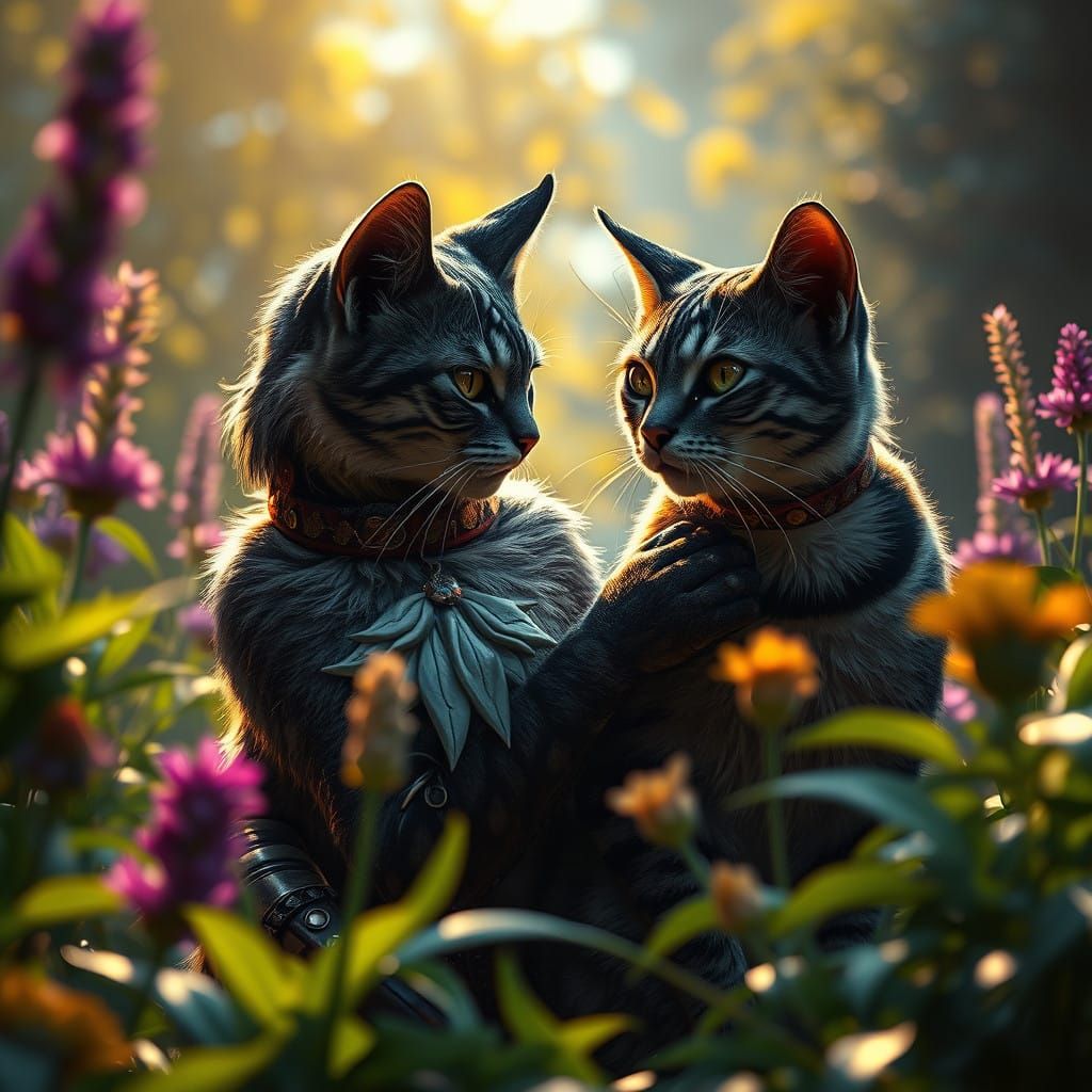 Dark Fantasy Cat Woman and Feline Companion in Mystical Gard...