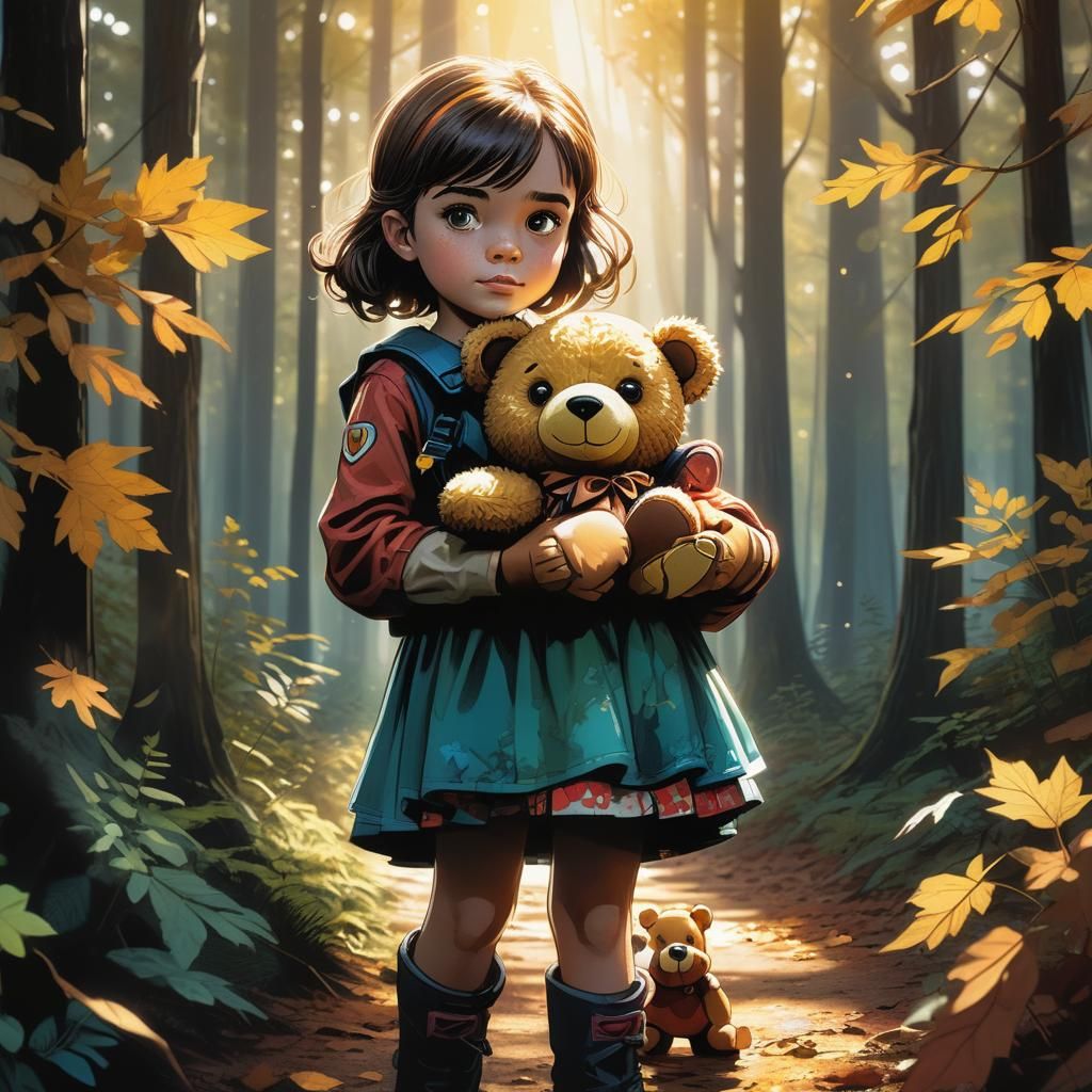 Girl and Teddy Bear in Comic Book Forest