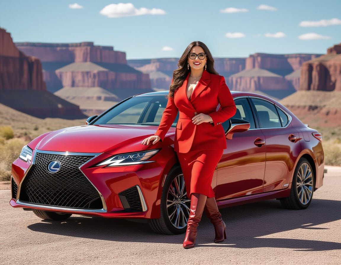 Curvy Egyptian Woman in Red Minisuit with Lexus by Grand Can...