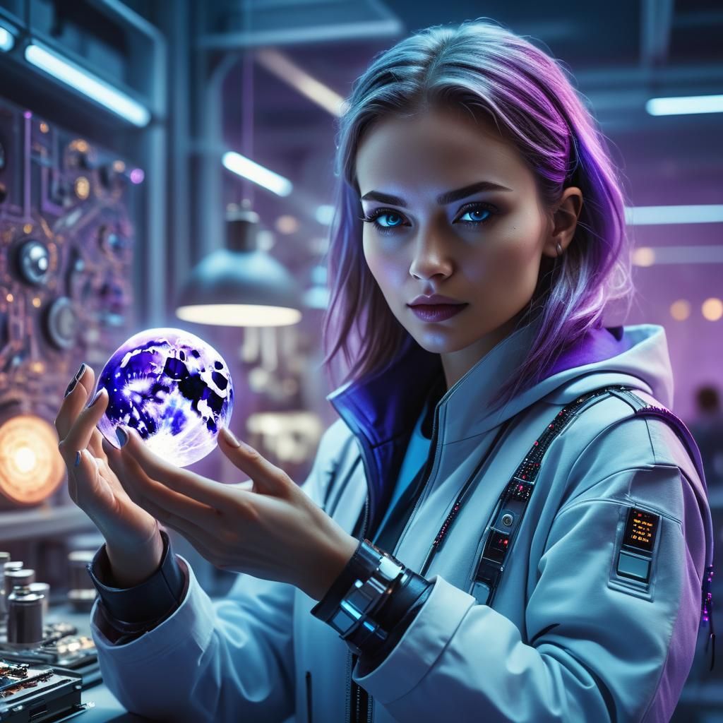 Hacker Woman Holds Moon in Futuristic Lab