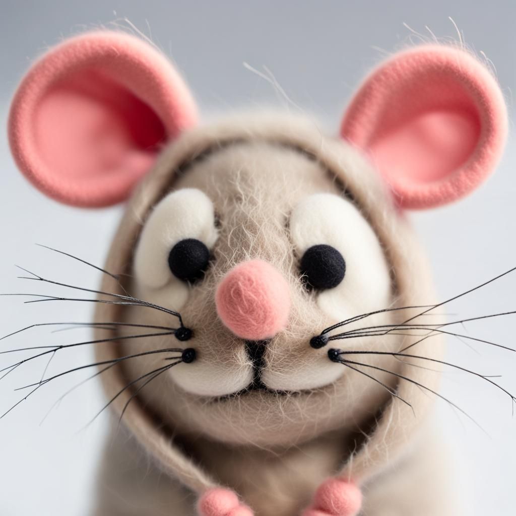 Felted Wool Mouse with Button Eyes Close-Up