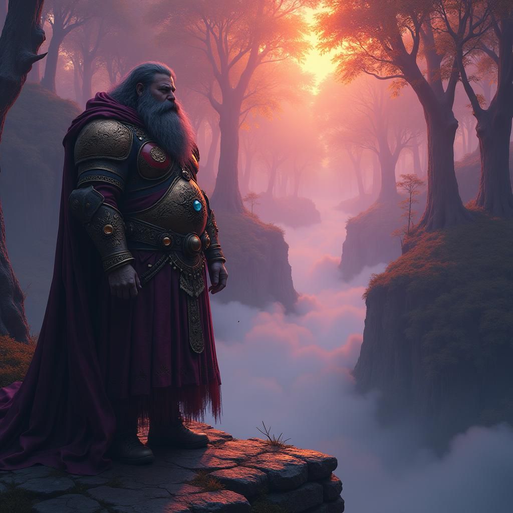 Heroic Figure Overlooking Mystical Forest Landscape