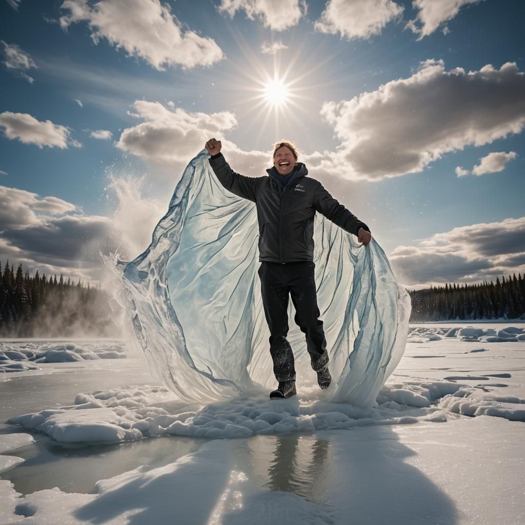 Triumphant Man Emerges from Frozen Lake