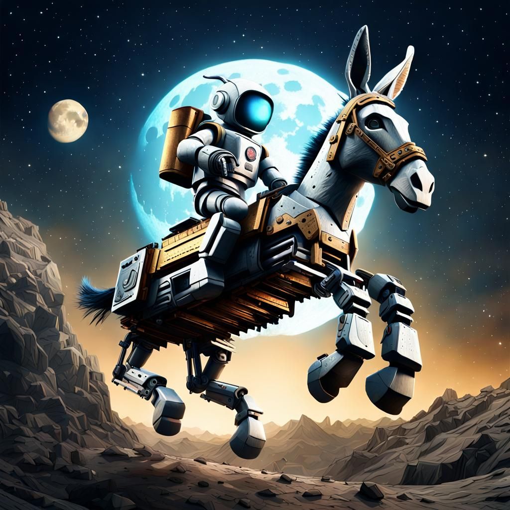 Robot Donkey Jumps Over Moon in Digital Painting