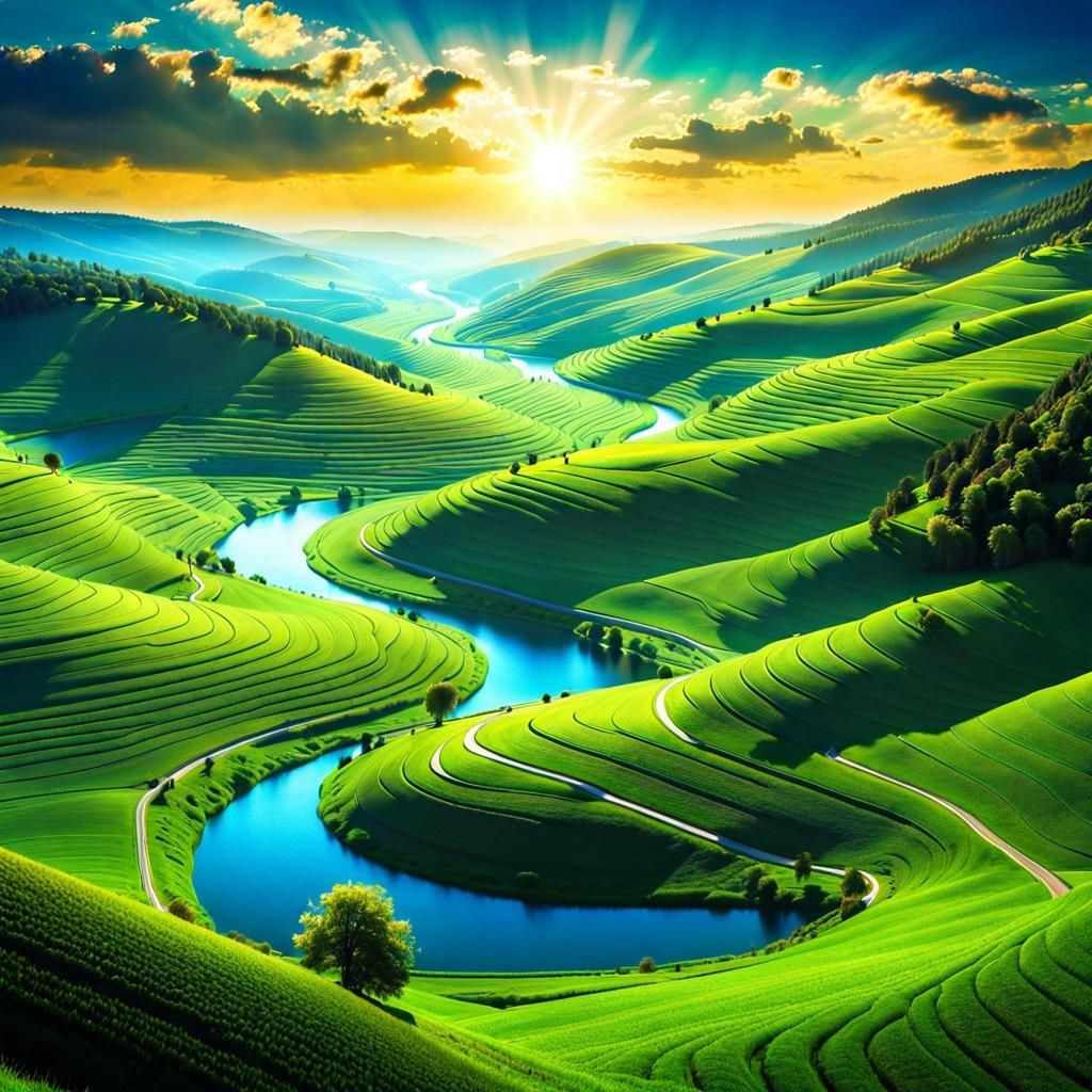 Surrealist Landscape with Winding Rivers and Greenfields