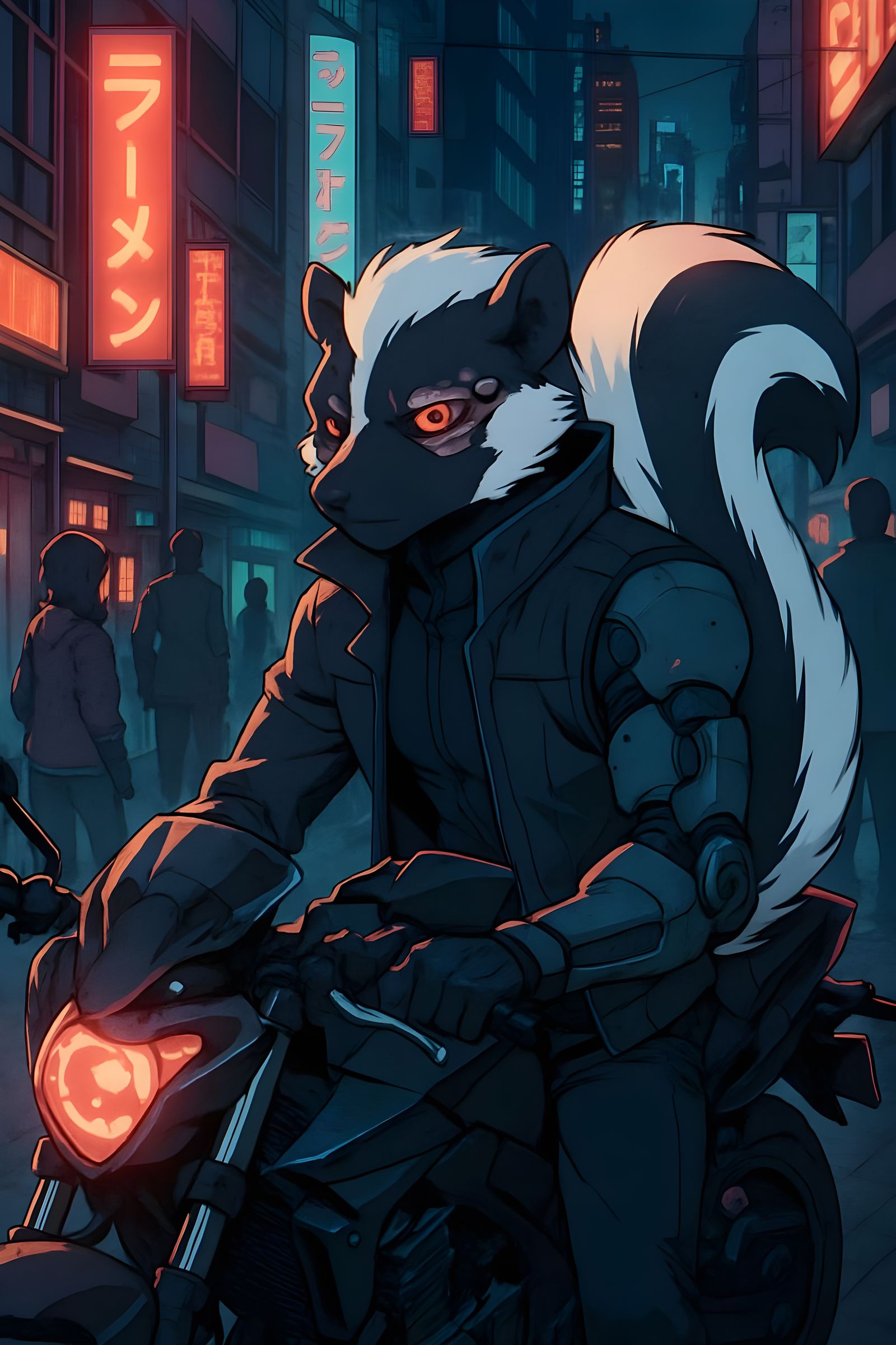 Cyberpunk Anthropomorphic Skunk on Motorcycle Watching Peopl...