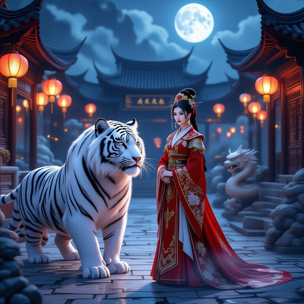 Courageous Princess and White Tiger in Moonlight
