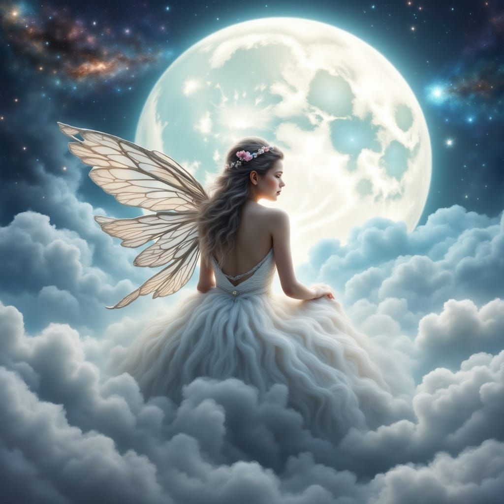 Enchanted Fairy Sits on a Cloud, Gazing at a Full Moon in Dr...