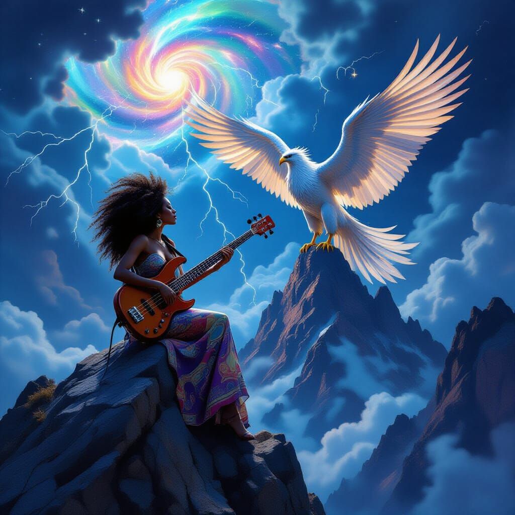 Afro-Latina Bassist and Griffin on Mountain Peak