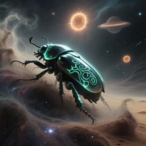 Colossal Bioluminescent Beetle in Cosmic Nebula