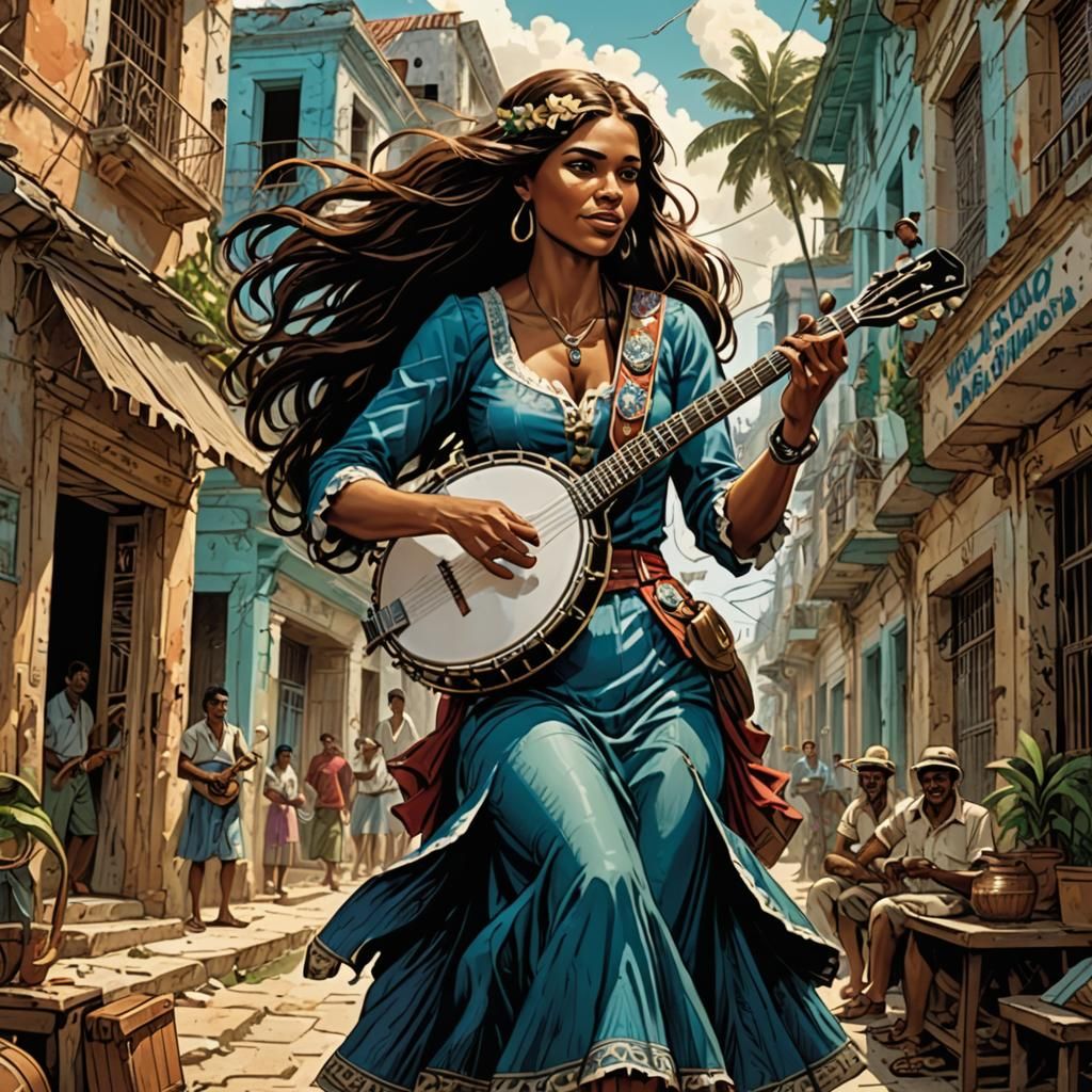 Banjo Player in Cuba: Modern Comic Book Art