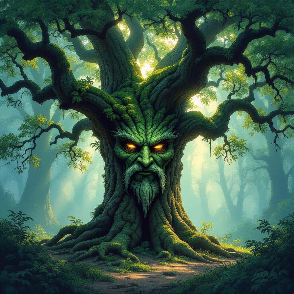 Ancient Oak with Wise Face in Misty Forest Clearing