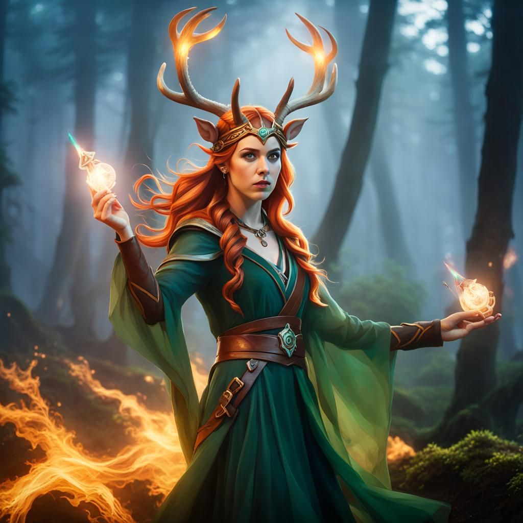 Half-Elf Druid Casting Spell with Antlers