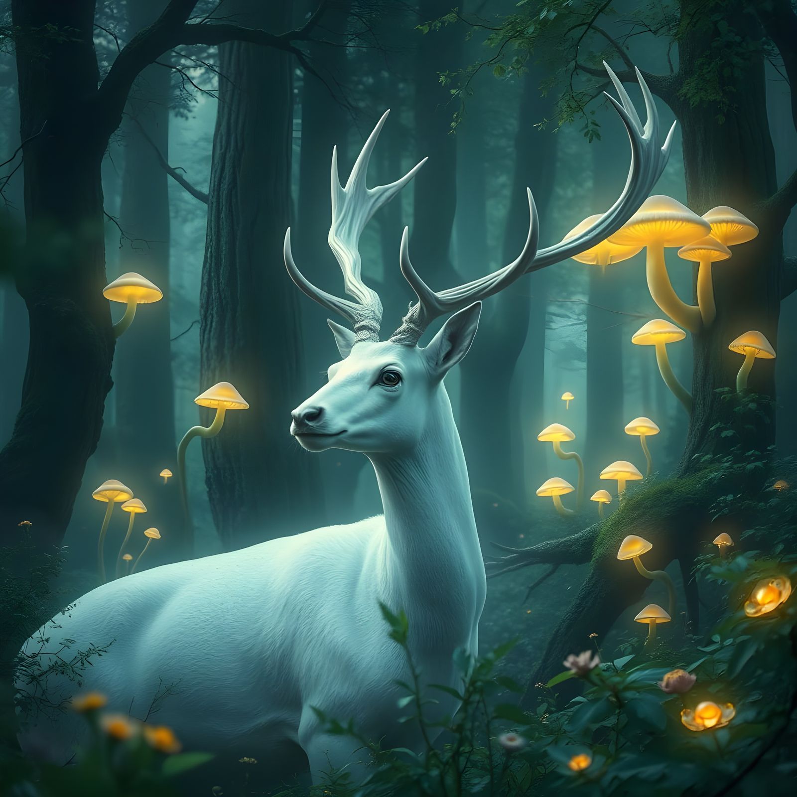 Surreal White Deer in Mysterious Elven Woodland