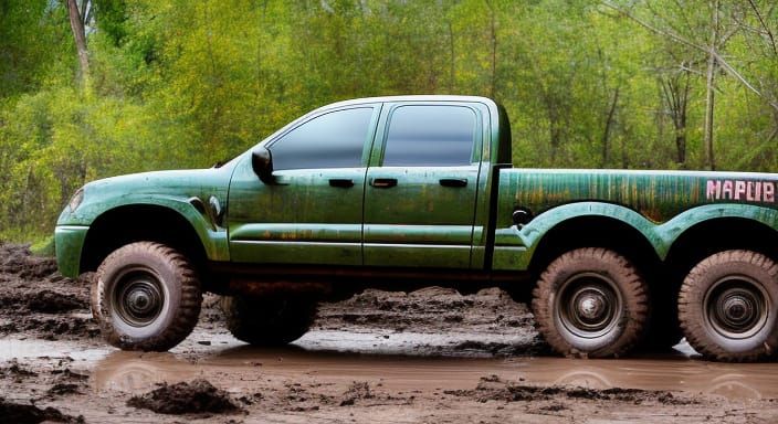 Green Camo 6x6 Pickup Truck in Deep Mud