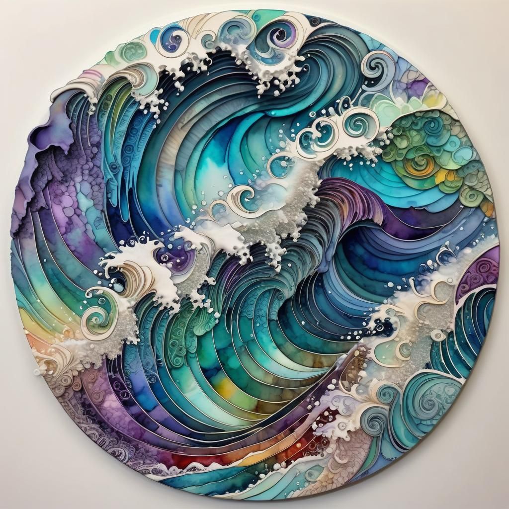 Rainbow Ocean Waves in Watercolour and Metallic Ink