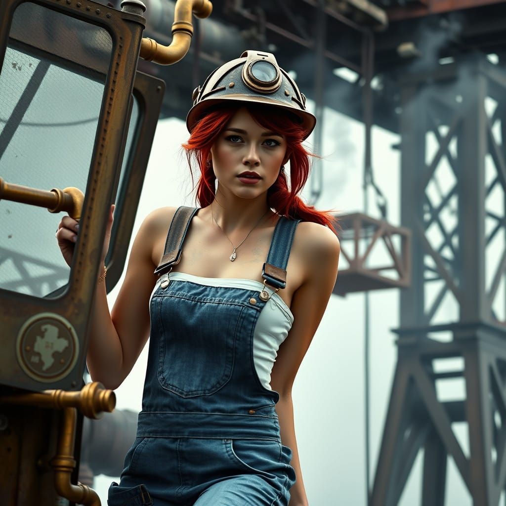 Steampunk Tower Crane Operator in Industrial Landscape