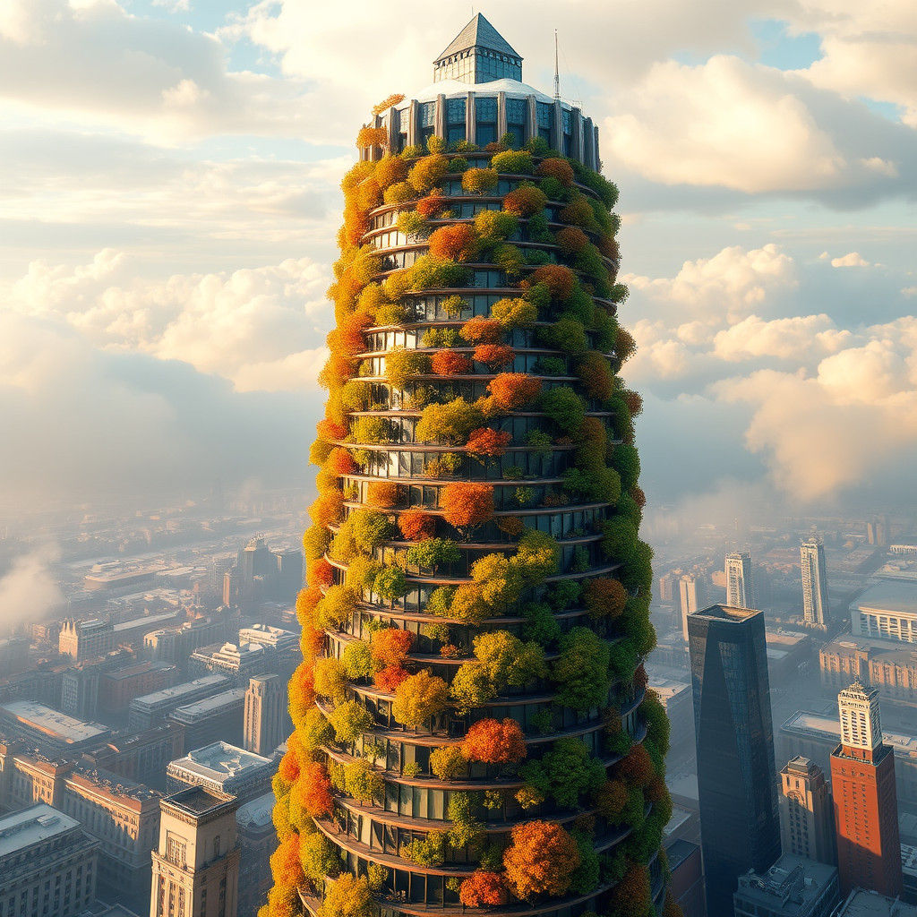 בנין גבוה 75 קומות בספירלה מראה שרואים את כל העונות על המראות למטה שמש קיץ יותר גבוה סתיו יותר גבוה חורף עד רקיע כבר שלג...