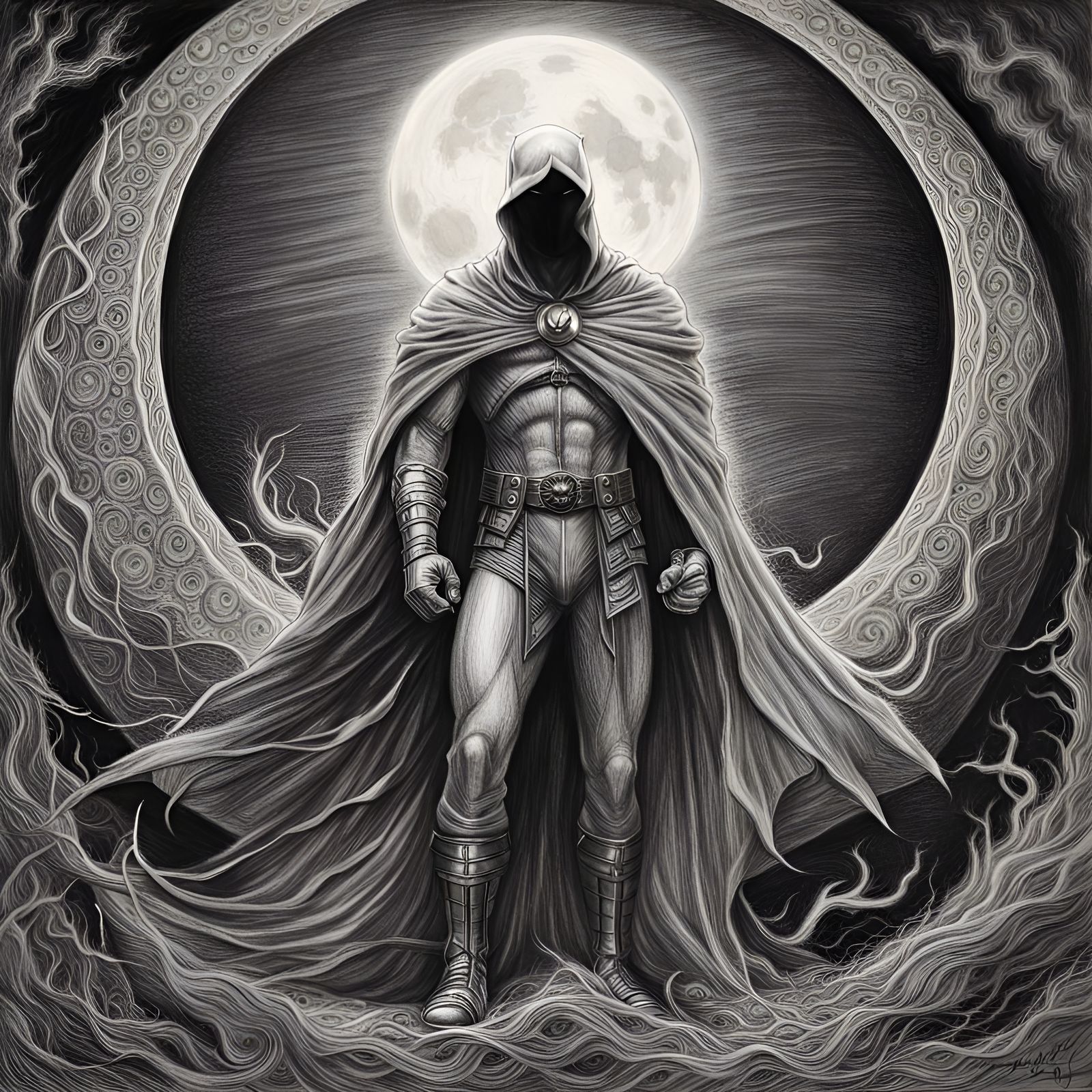 Hyperdetailed Charcoal Drawing of Moon Knight