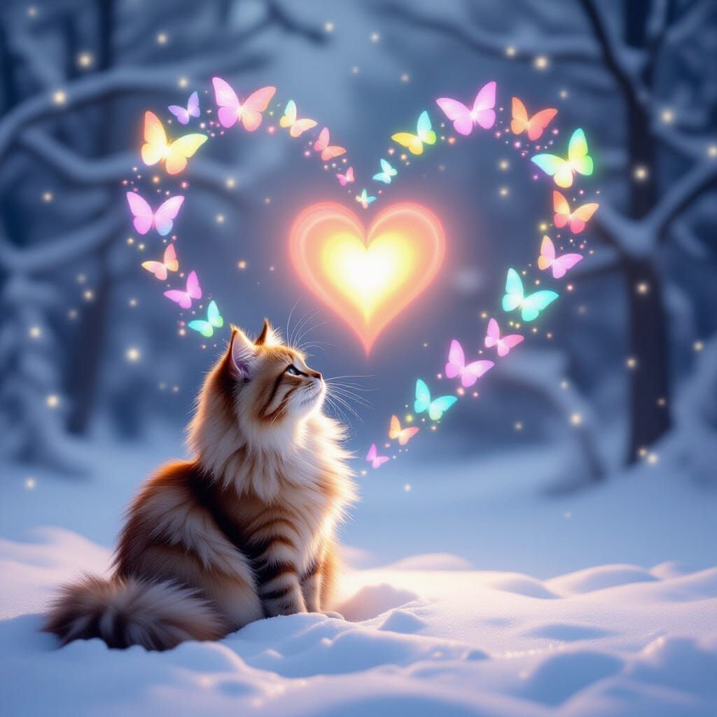 Fluffy Cat's Winter Wish with Rainbow Butterflies