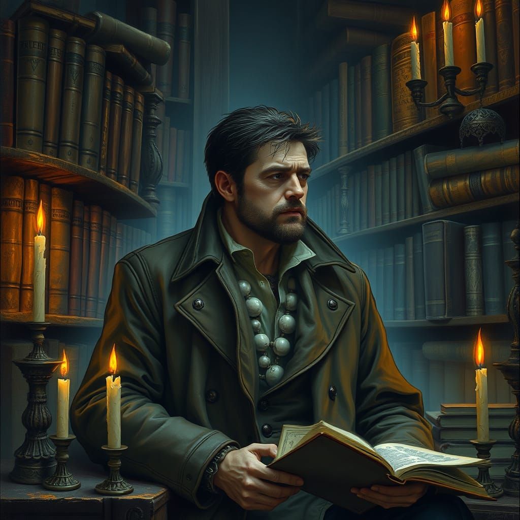 Contemplative Man in Mystical Library, Surrealist Art Style