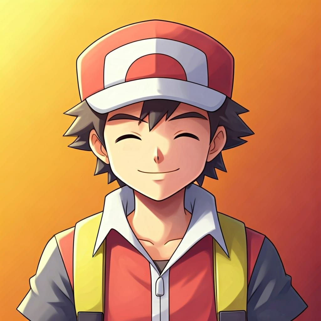 Smiling Pokémon Trainer Red in Anime Style