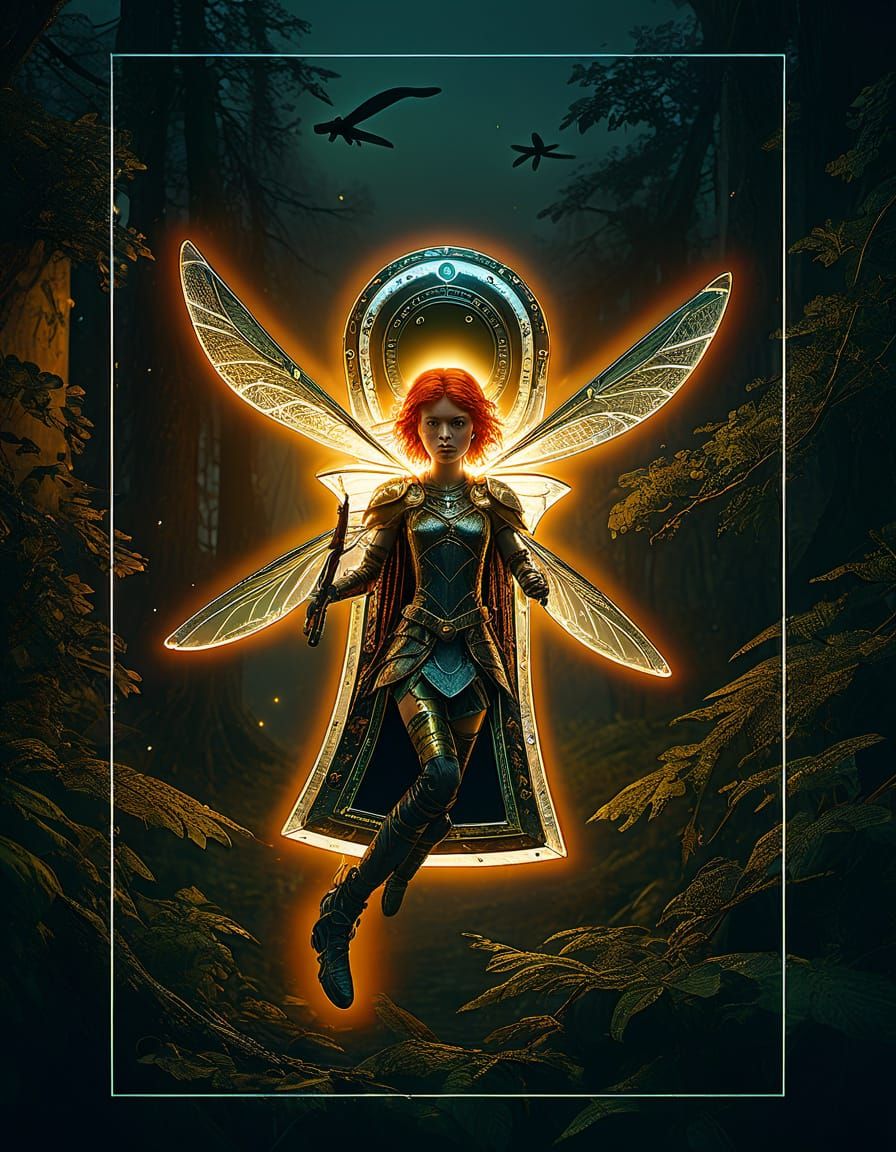 Surreal Fairy in Golden Hour Lighting with Dragonfly Wings a...