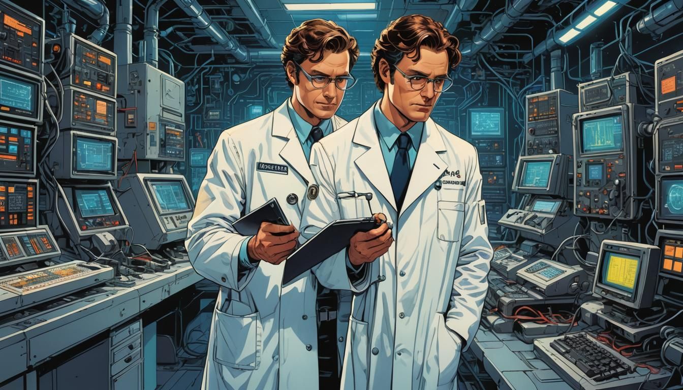 Retrofuturistic Scientist Inspects Quantum Computer in Comic...