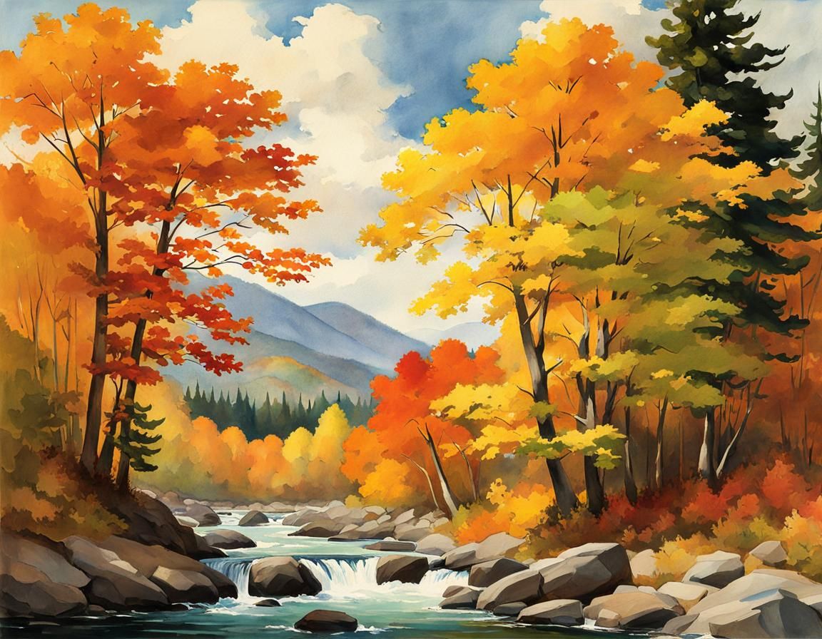 Autumn River Watercolor Landscape Illustration