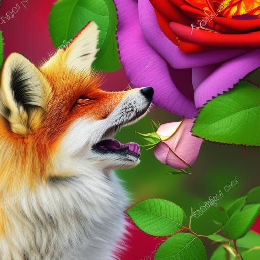 Fox Sniffs Detailed Rose with Water Droplets