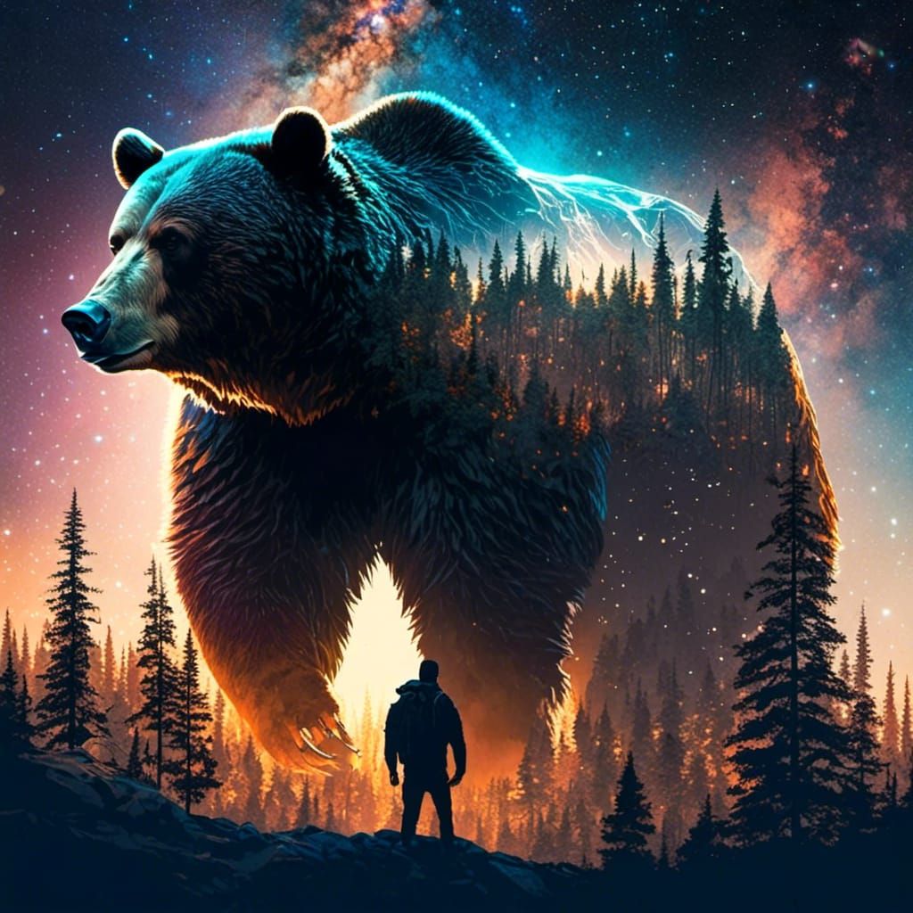 Bear with Galaxy Forest in Double Exposure Style