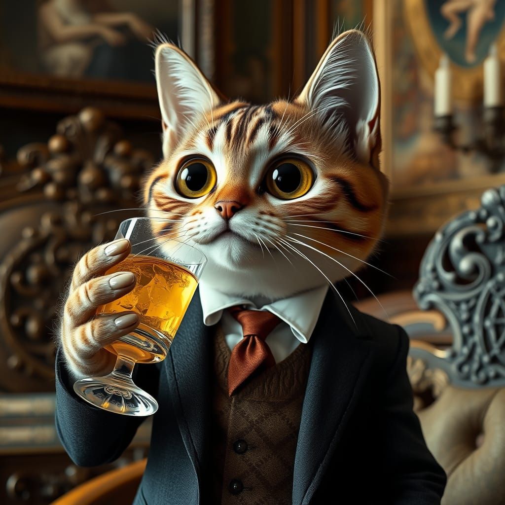 Hyperrealistic Cat Sipping Tonic in Antique Setting