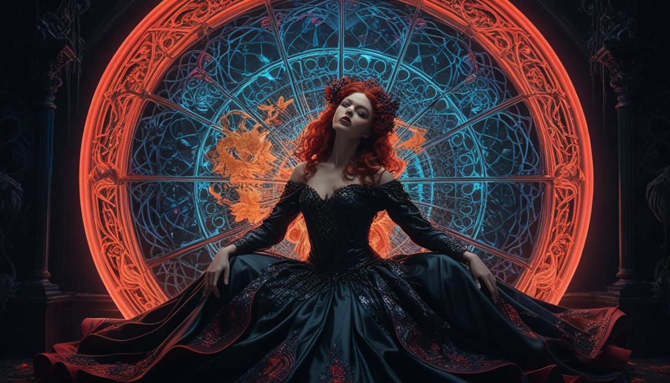 Surreal Fairy Goddess with Glitching, Metallic Filigree Atti...