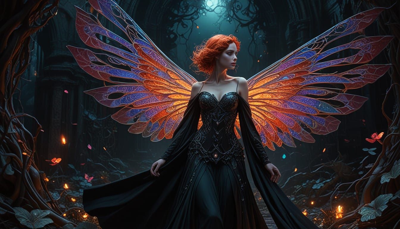 Glowing, Curvy Fairy Amidst Glitching, Surreal Landscapes