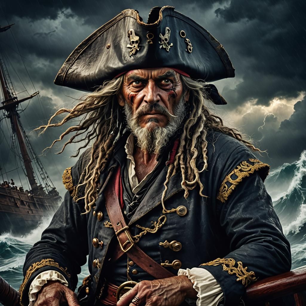 Fearsome Pirate Captain Navigating Stormy Seas