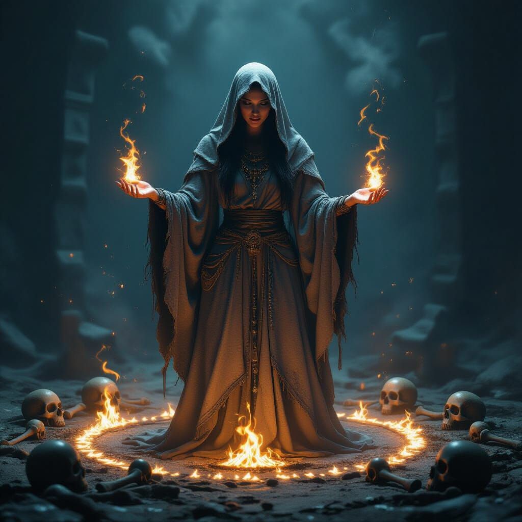 Ethereal Priestess Invokes Spirits in Dark Ritual