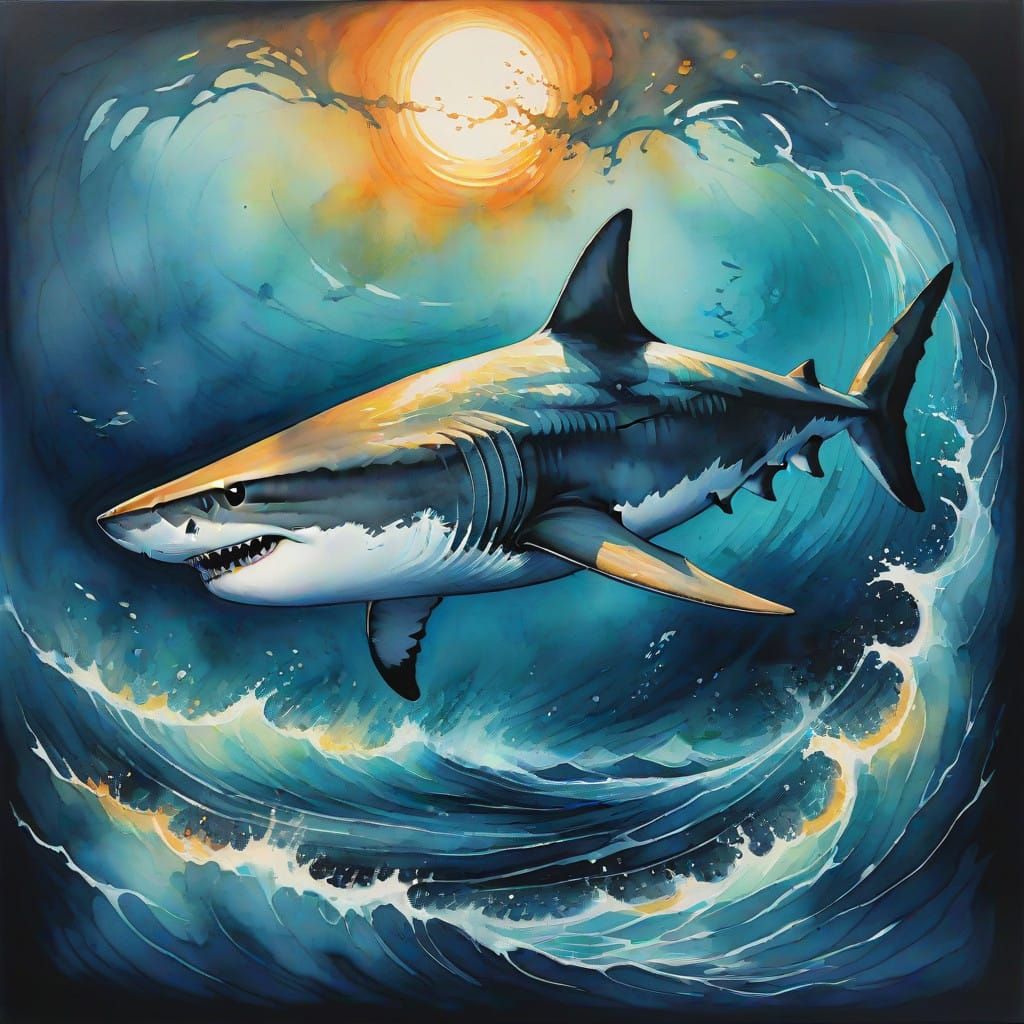 Megalodon in a Watercolour Painting of Deep Ocean Biolumines...