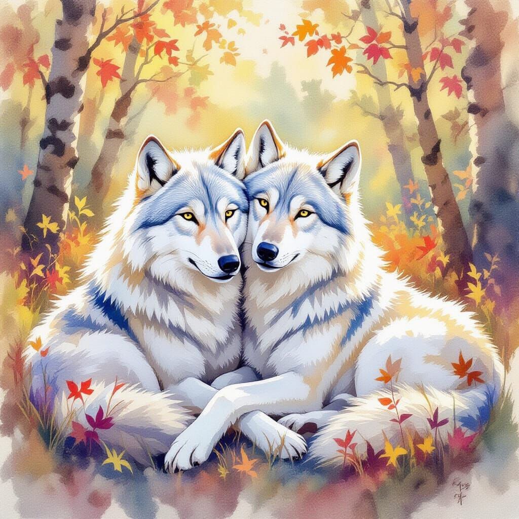 Watercolor Wolves Cuddle in Sunlit Forest