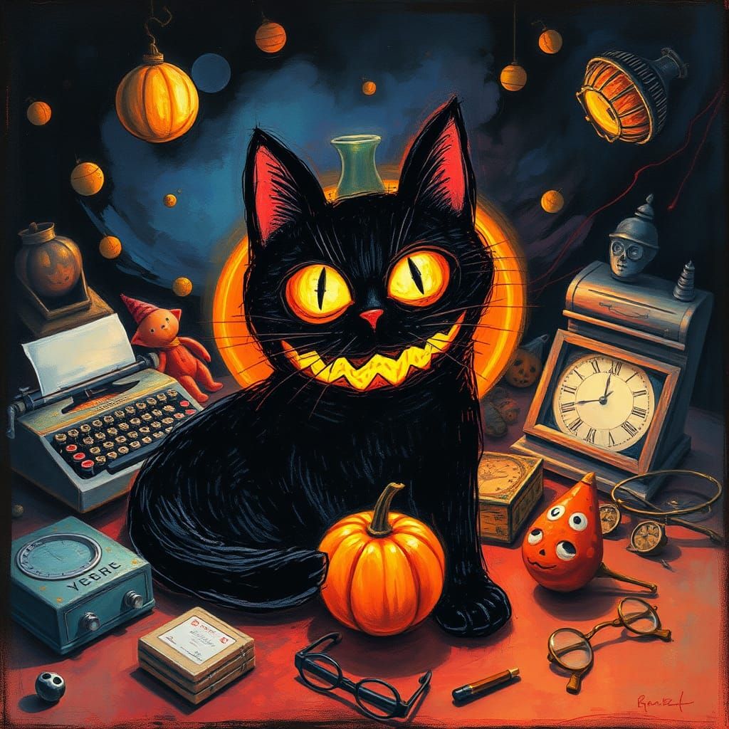 Black Cat's Surreal Halloween Dream in Prisma Colors