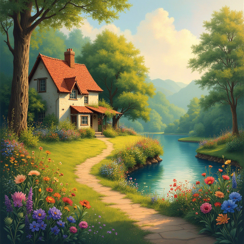 Idyllic Village Scene in Impressionist Style