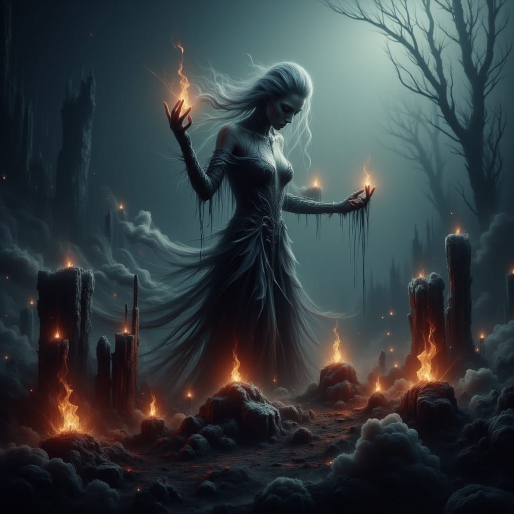 Woman Scrambling at Grave in Misty Graveyard