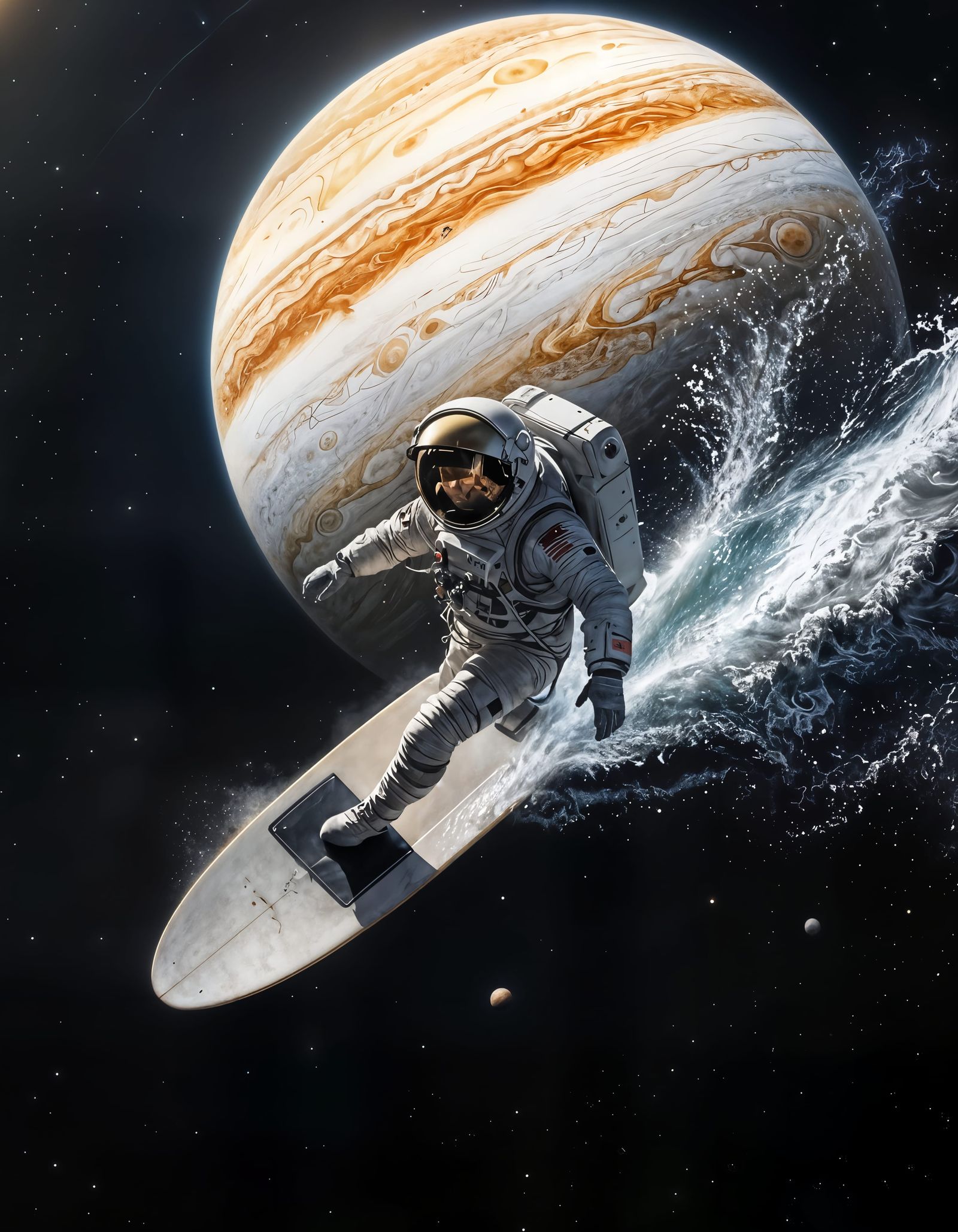 Astronaut Surfing in Space Near Jupiter