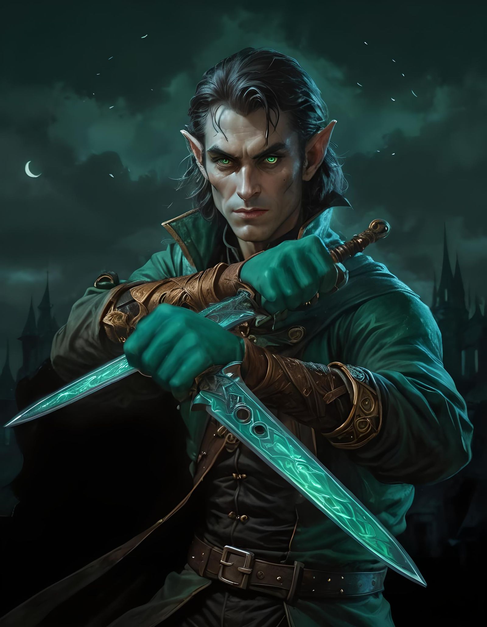 Male Elf Rogue with Daggers and Vile Smile