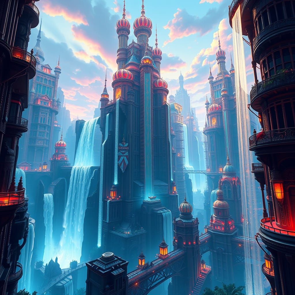 Metropolis Waterfalls: Fantasy Concept Art