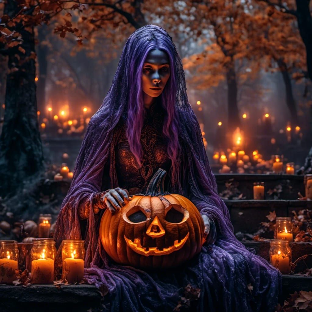 Candlelit Jack-o'-Lantern with Purple-Haired Witch