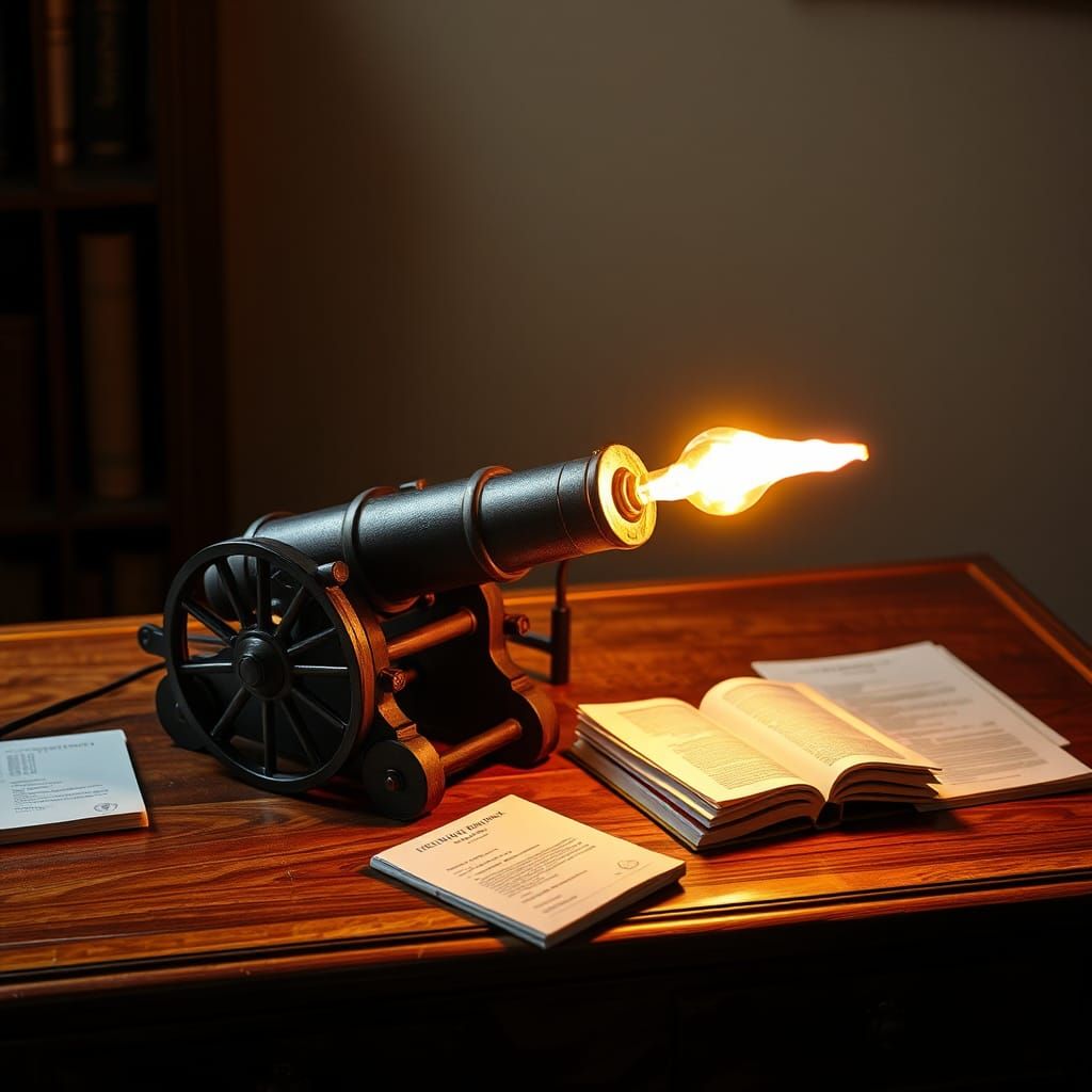 Cannon Lamp Illuminates Cherry Roll Top Desk