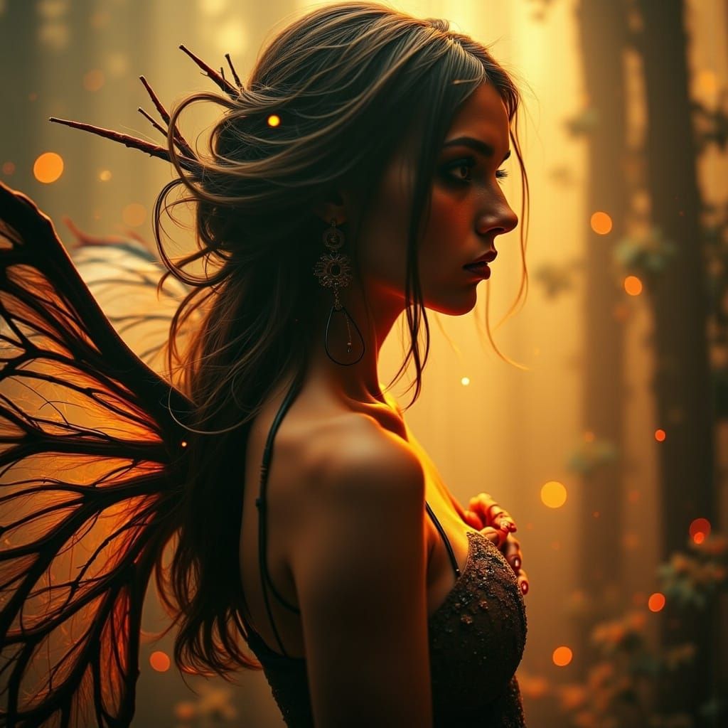 Melancholic Woman with Wings in Ethereal Light
