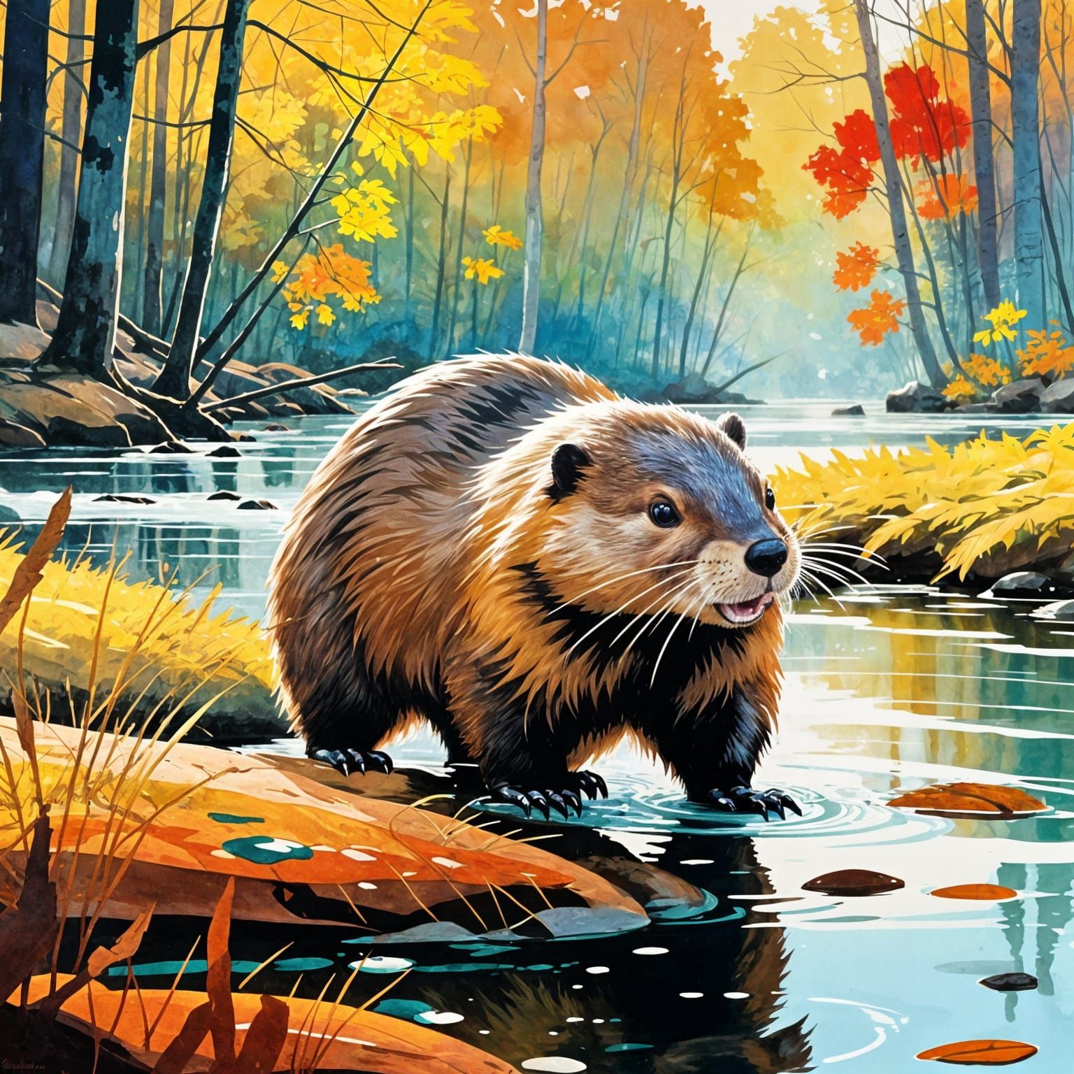 Beaver by Forest River: Gouache Painting
